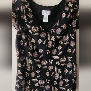 LOFT Black Embellished Blouse with Pink Accents